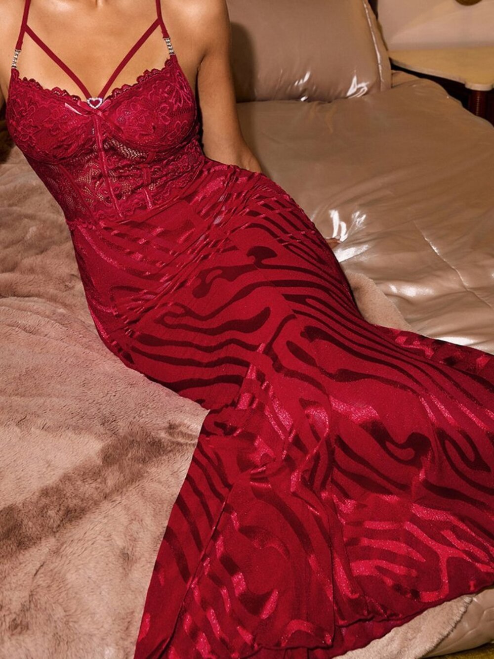 Burgundy Sexy Women's Sheer Mesh Baroque Bow Midi Pullover Nightgown - Picture 6 of 8